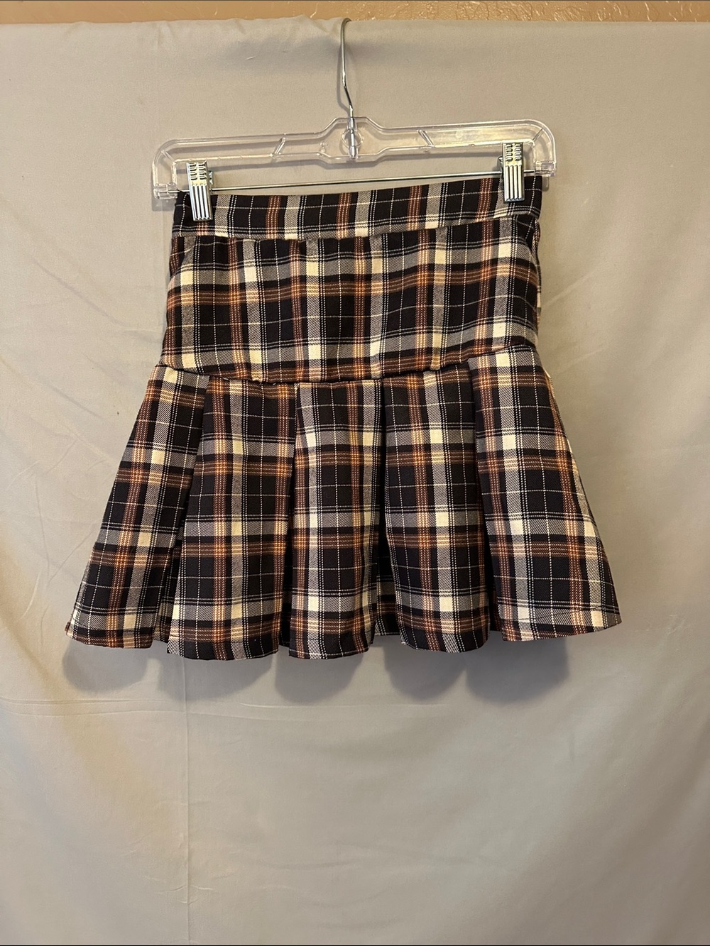 Plaid Pleated Mini Skirt in Brown and Cream Tones